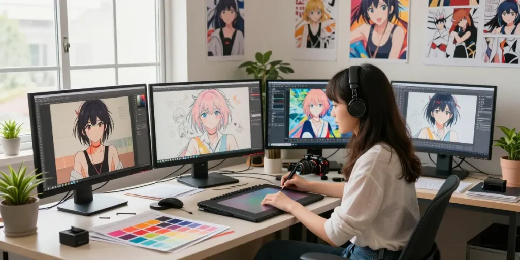 Vibrant anime artist creating stunning ai ecchi artwork in a colorful digital studio