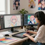 Vibrant anime artist creating stunning ai ecchi artwork in a colorful digital studio
