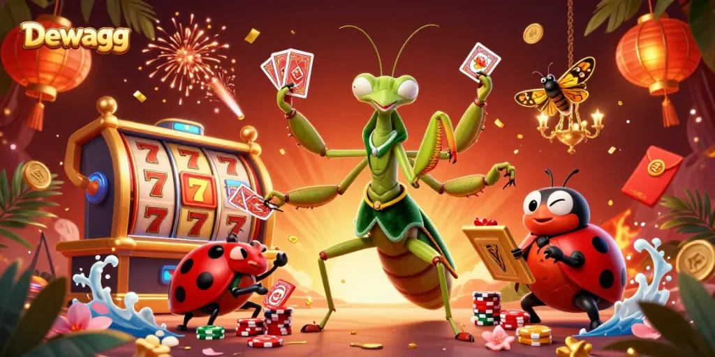 Dewagg gamblers enjoying thrilling slot games with vibrant visuals and engaging characters in a lively setting.