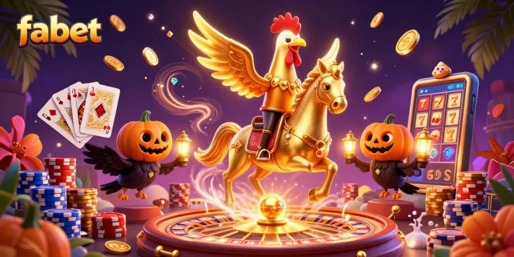 Experience thrilling betting action at fabet with golden rooster character in a vibrant casino scene.