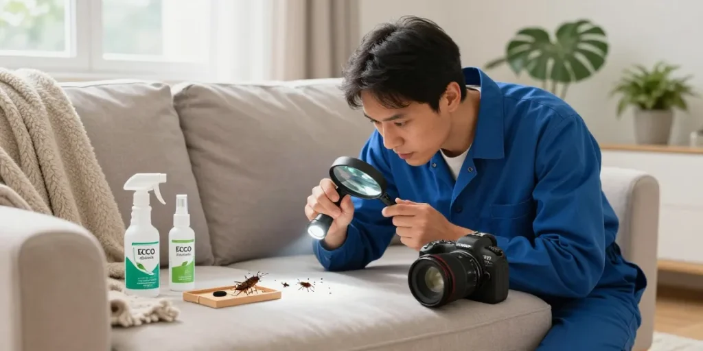 Bed bug pest control expert inspecting sofa for signs of infestation and offering treatment solutions.