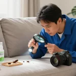 Bed bug pest control expert inspecting sofa for signs of infestation and offering treatment solutions.