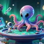 Engage with the unique TIP88 gaming experience at a holographic poker table in a cosmic setting.
