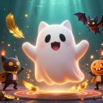 BJ388 ghost cat navigates a haunted casino, showcasing thrilling betting adventures.