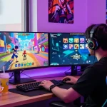 Gamer enjoying immersive hentaigames experience in a colorful gaming setup.