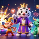Experience thrilling gaming with F168's vibrant slot machines and playful characters in an engaging casino scene.