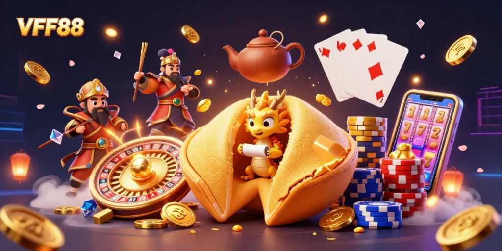VFF88 offers thrilling gaming experiences with cascading gold coins and dynamic roulette elements in a vibrant casino scene.