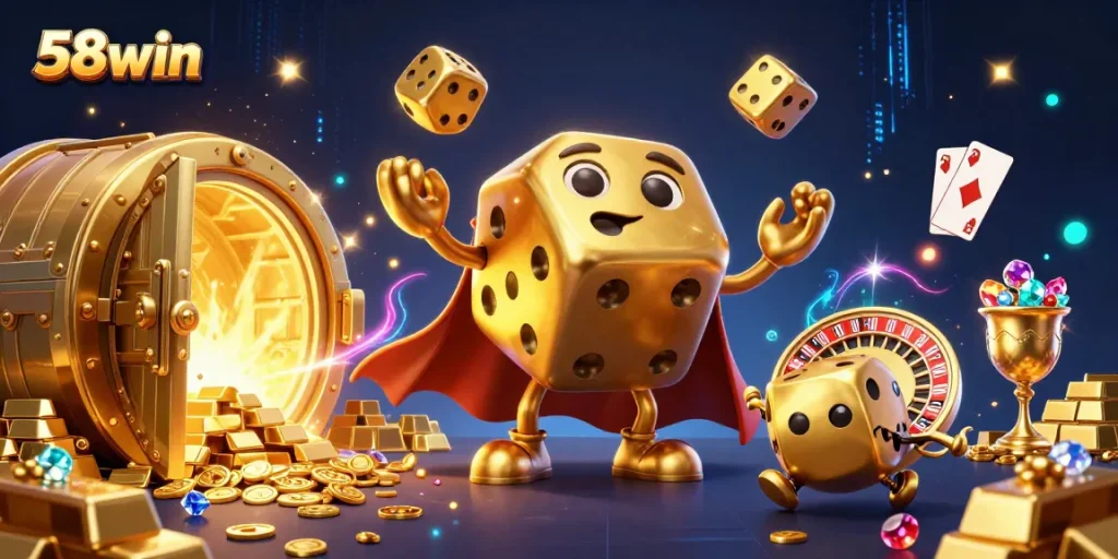 Experience thrilling gameplay at 58win with an illustration showing a vibrant, animated casino scene.