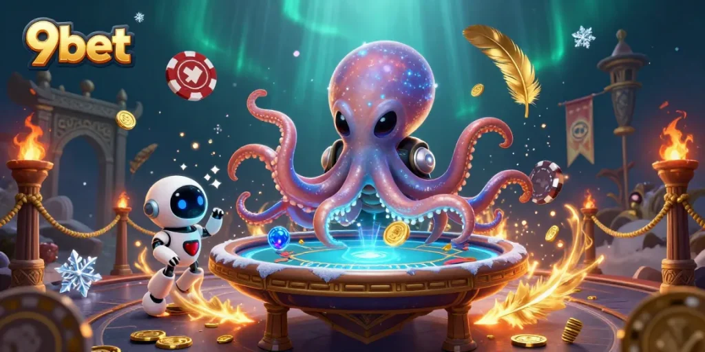 Engage with thrilling poker action at 9bet featuring a cartoon alien octopus.