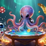 Engage with thrilling poker action at 9bet featuring a cartoon alien octopus.