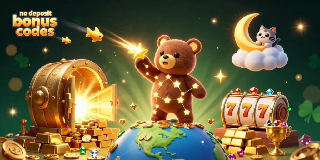 Explore vibrant no deposit bonus codes in this dynamic casino-themed 3D illustration filled with gemstones and treasures.