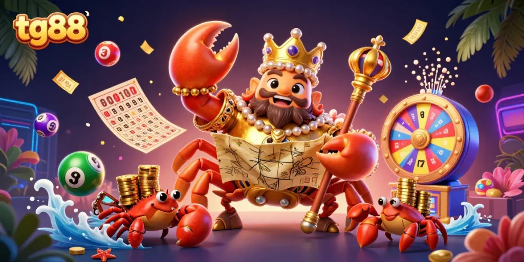 Join the gaming adventure at tg88 with vibrant lottery balls and golden winnings in this dynamic illustration.