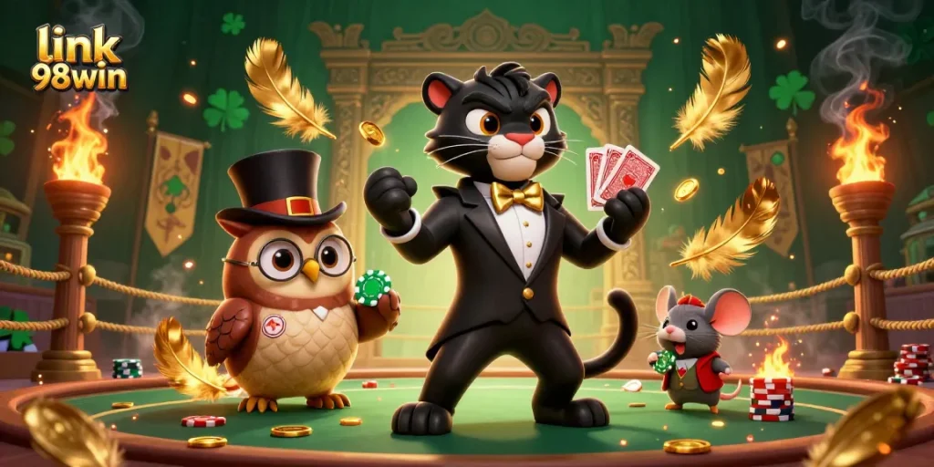Engage with the thrill of gaming at link 98win, depicted through a vibrant 3D scene with charming characters and casino elements.