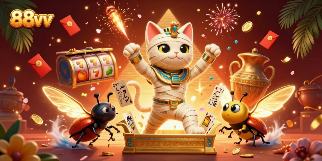 Spin the reels with 88vv's Egyptian casino scene featuring a mummy cat and vibrant elements.