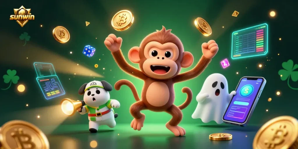 Engage with sunwin's dynamic casino gaming experience as a mischievous poltergeist monkey juggles golden tokens.