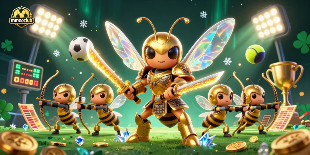Experience vibrant sports betting action with mmooclub's captivating 3D illustration featuring dynamic characters and elements.