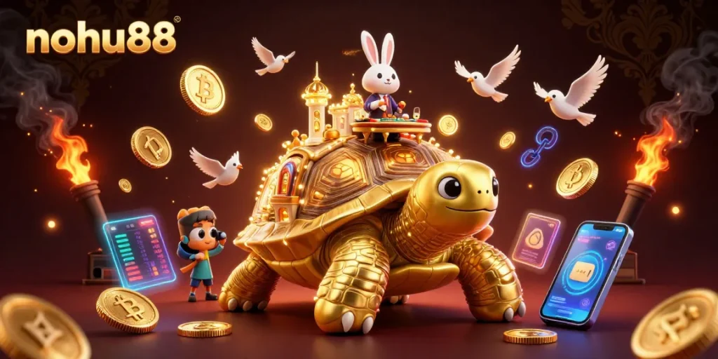 Experience thrilling gameplay with nohu88 in this vibrant 3D illustration of a gold tortoise casino.
