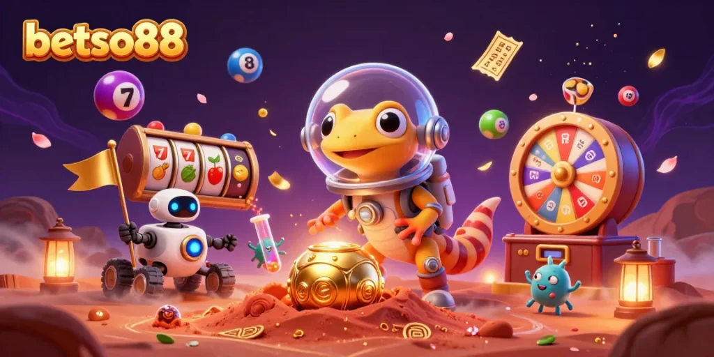 Engage with betso88's vibrant slot games and thrilling experiences in a dynamic Martian casino scene.