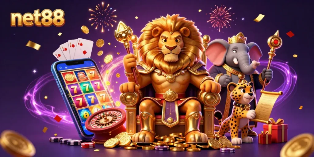 Experience the excitement of net88 with a lion king and colorful slots illustration.