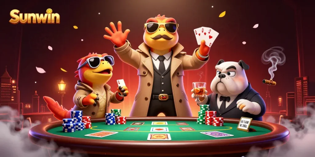 Engage in thrilling poker action at Sunwin's vibrant casino illustrated scene with raptors and chips.