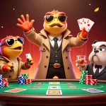 Engage in thrilling poker action at Sunwin's vibrant casino illustrated scene with raptors and chips.