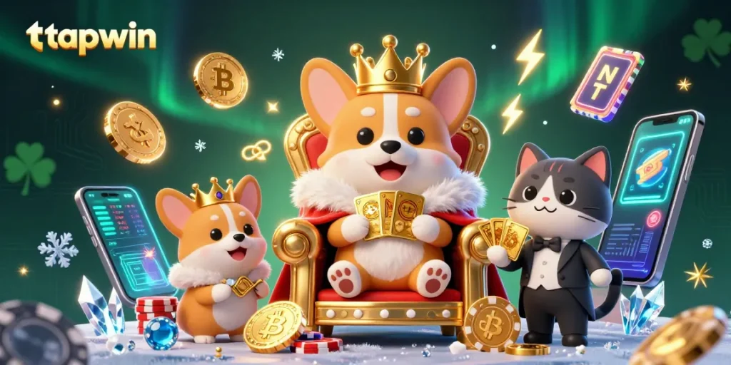 Experience thrilling wins at tapwin with a royal corgi on a poker chip throne amidst cryptocurrency excitement.
