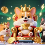 Experience thrilling wins at tapwin with a royal corgi on a poker chip throne amidst cryptocurrency excitement.