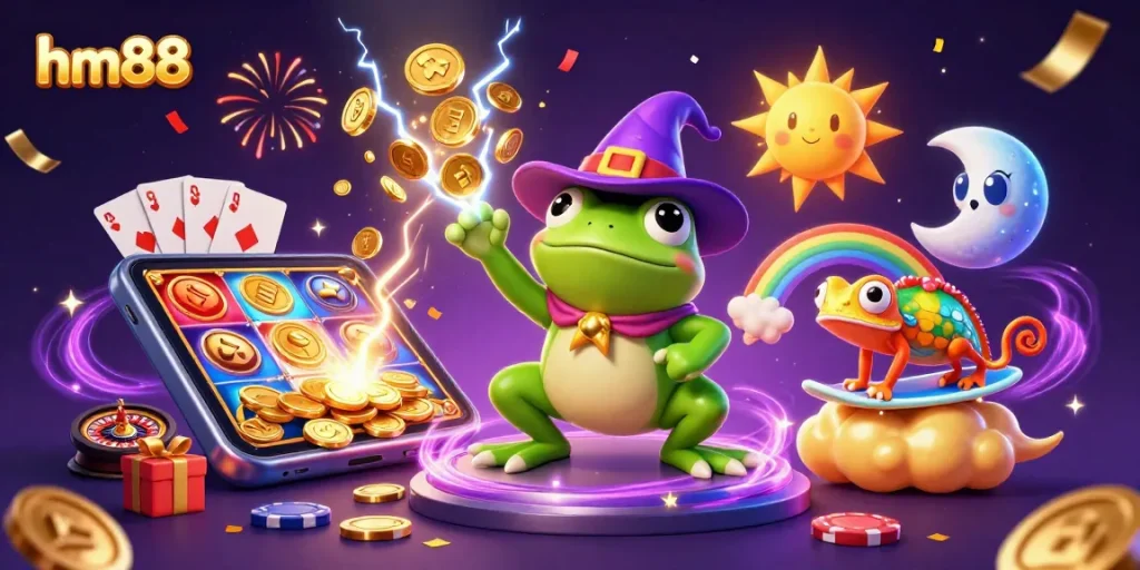 hm88 players enjoying a vibrant casino atmosphere with golden coins and spinning slot reels.