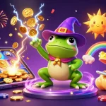 hm88 players enjoying a vibrant casino atmosphere with golden coins and spinning slot reels.