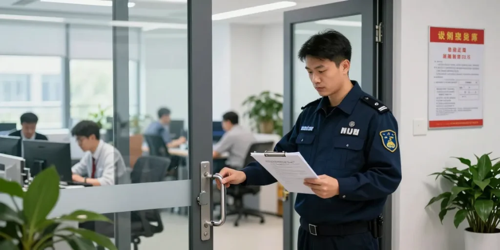 Safety officer inspecting a commercial exit door in an office.