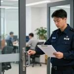 Safety officer inspecting a commercial exit door in an office.