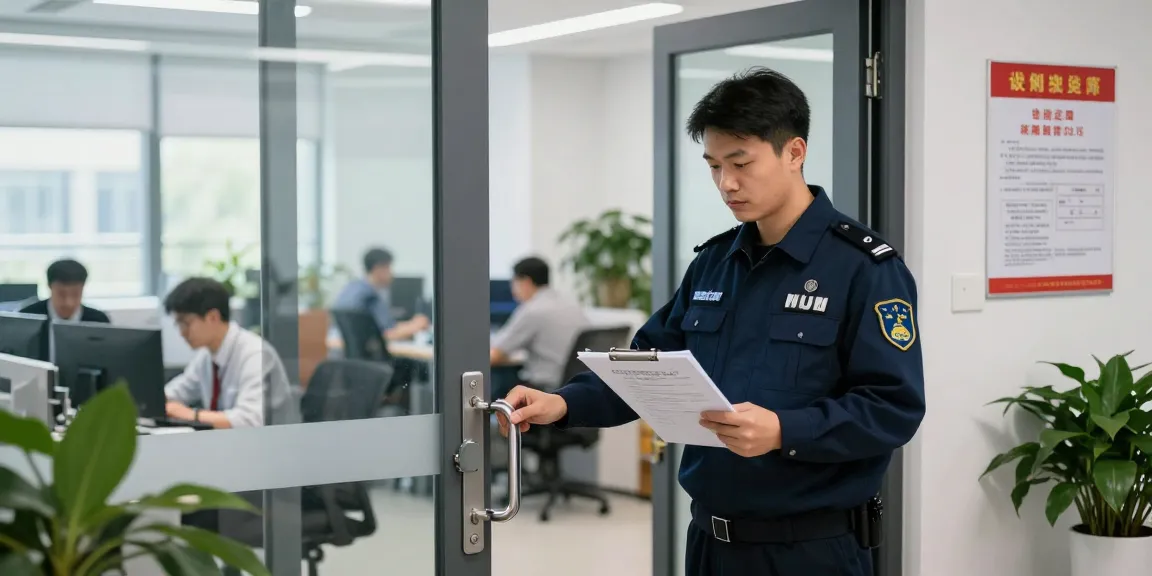 Safety officer inspecting a commercial exit door in an office.