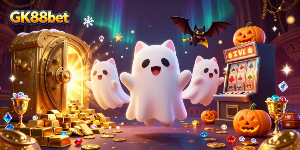Experience thrilling action at GK88bet with a friendly ghost cat and vampire bat in a haunted casino scene.