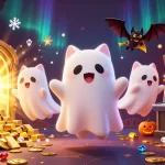 Experience thrilling action at GK88bet with a friendly ghost cat and vampire bat in a haunted casino scene.