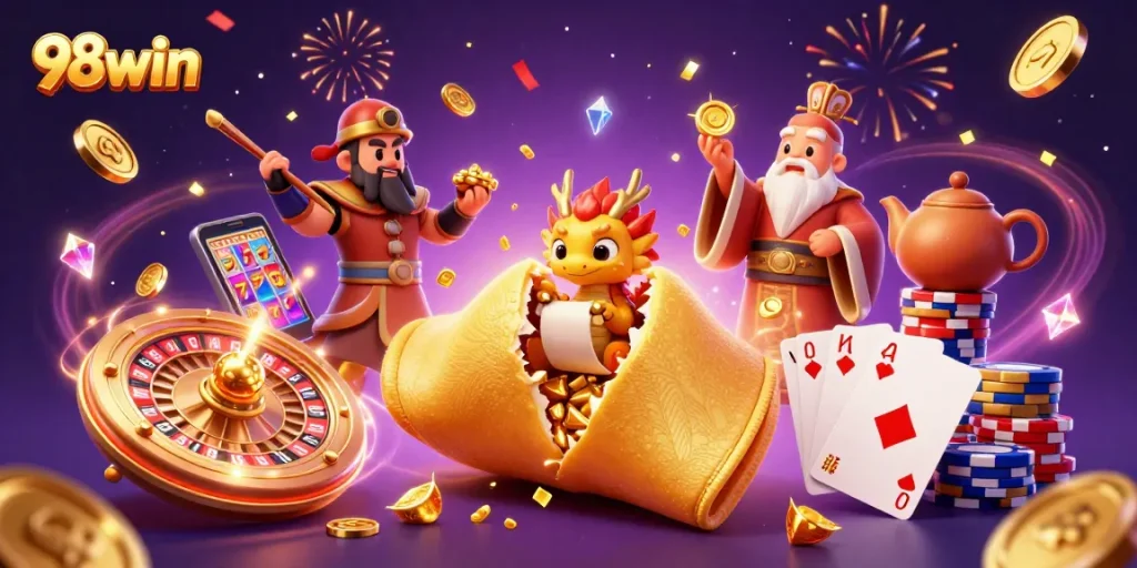 Experience thrilling wins at 98win with a vibrant casino illustration featuring golden games and fortune.