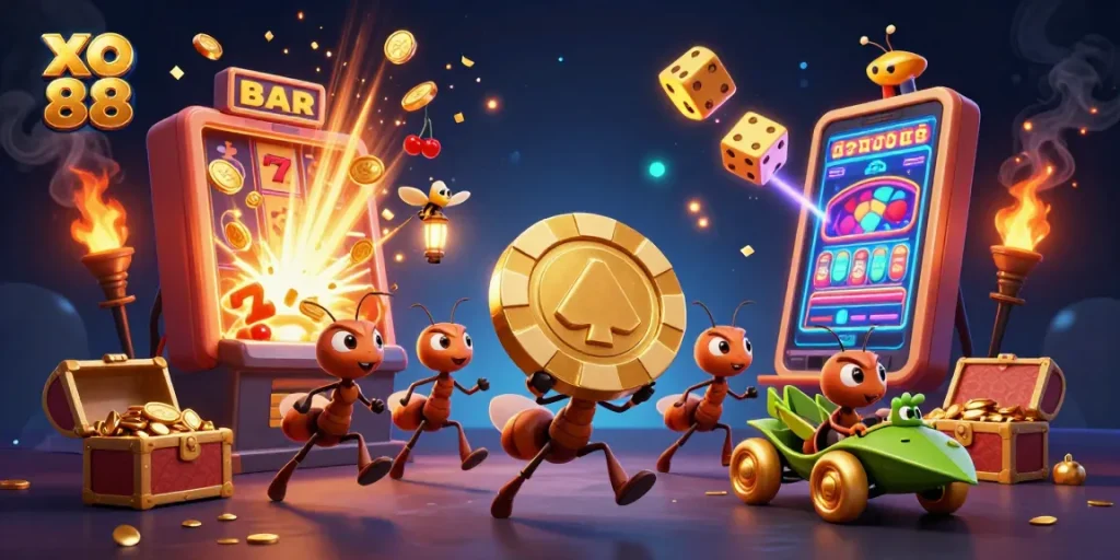 Join the fun at xo 88 with ants carrying a massive poker chip through a dazzling casino scene!