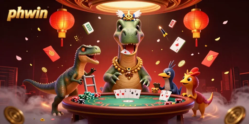 Experience phwin's vibrant poker scene with colorful characters and dynamic casino elements.