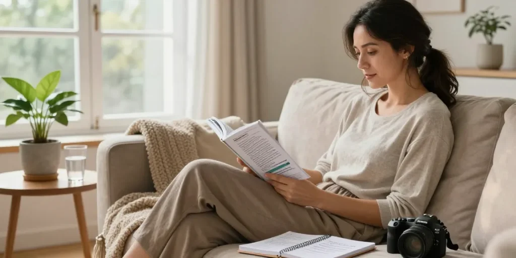Woman reading about clonazepam side effects in a calm home setting