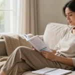 Woman reading about clonazepam side effects in a calm home setting