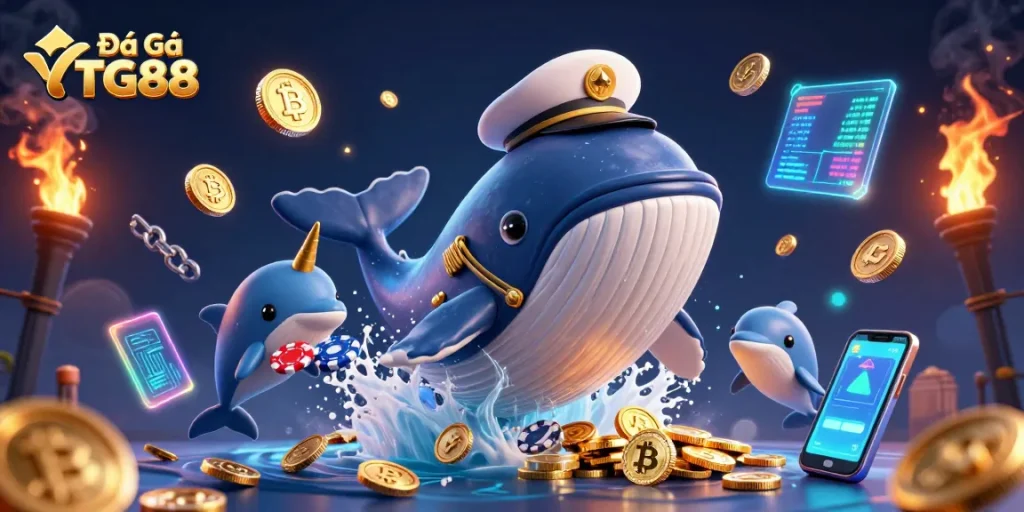 Bet on Đá Gà TG88 in a vibrant 3D illustration of a whale, narwhal, and dolphins amidst gold coins.