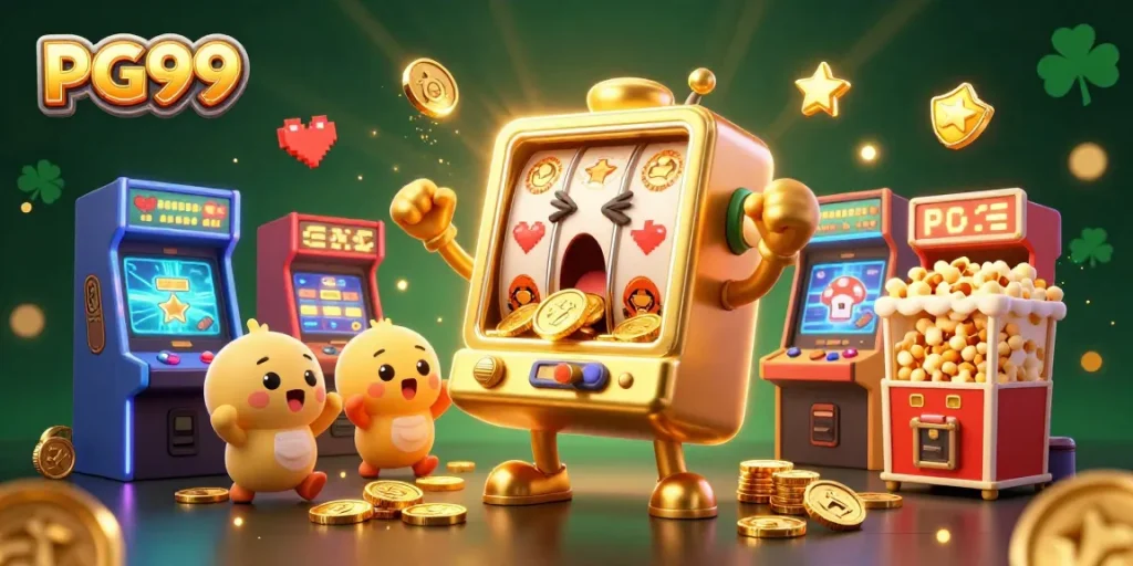 PG99 showcases a golden slot machine celebrating a jackpot, surrounded by cheering mini slot machines and game elements.
