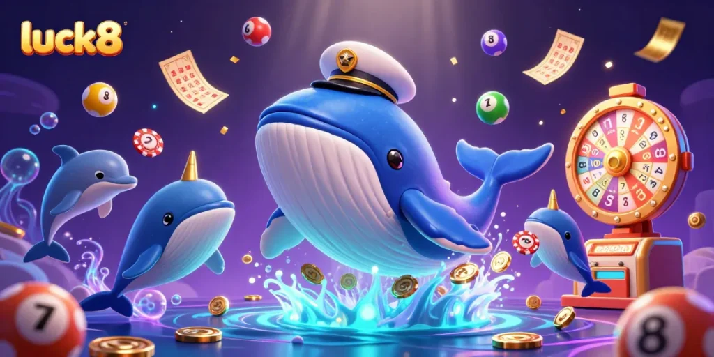 Watch luck8 players celebrate winning with a cartoon whale and dolphins amidst vibrant lottery elements.