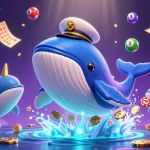 Watch luck8 players celebrate winning with a cartoon whale and dolphins amidst vibrant lottery elements.