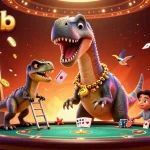 Experience the excitement at hitclub with a vibrant casino scene featuring a brontosaurus and raptor dealing cards.