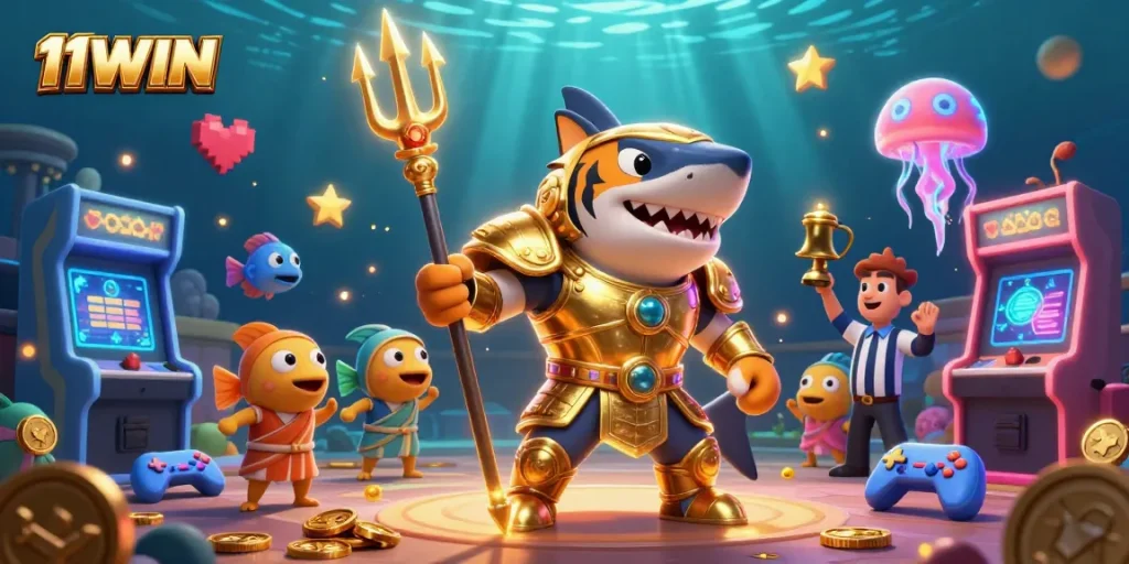 Experience the thrilling 11WIN casino atmosphere with a vibrant underwater scene featuring arcade elements.