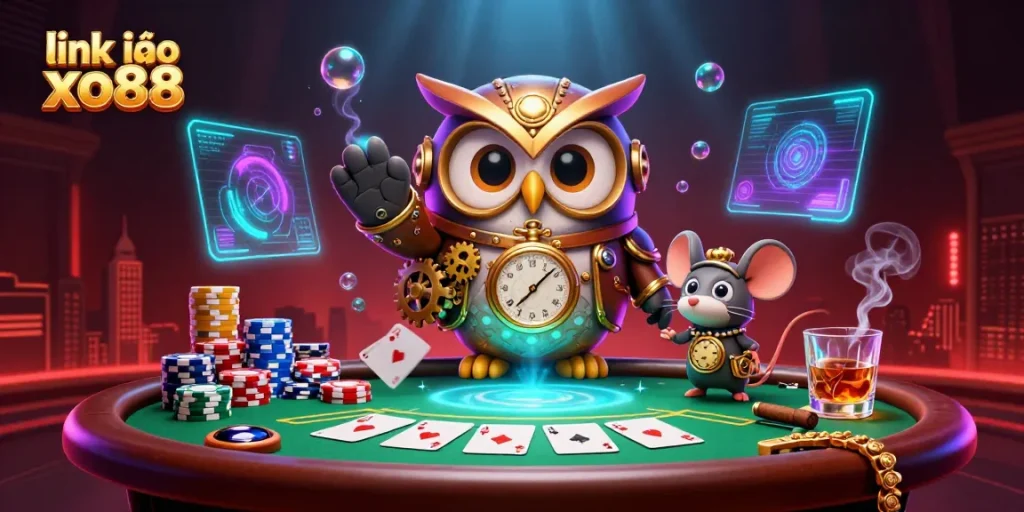 Experience thrills with link vào xo88 at a vibrant casino illustrated with poker, chips, and an owl.