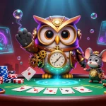 Experience thrills with link vào xo88 at a vibrant casino illustrated with poker, chips, and an owl.