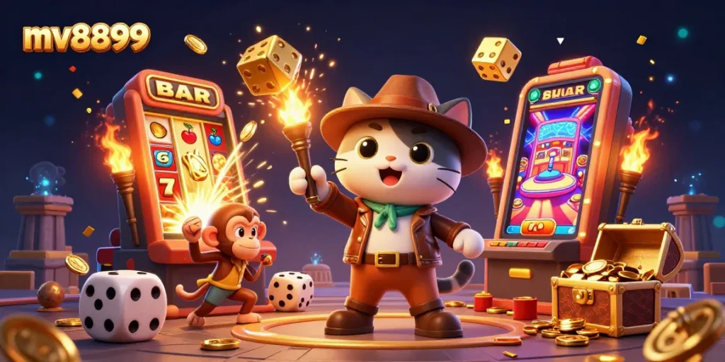 Experience big wins at mv8899 with a thrilling 3D slot adventure illustration.