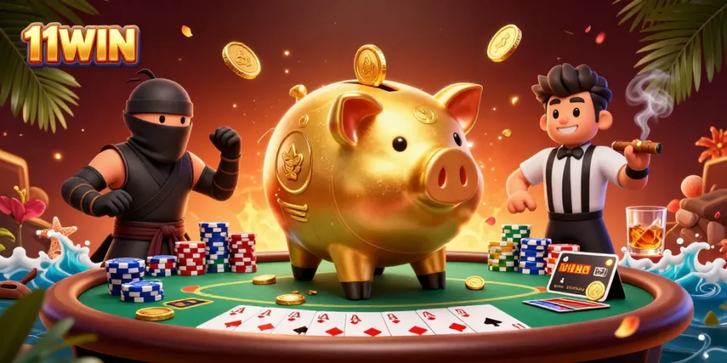 Engage with 11WIN's exciting casino gameplay featuring vibrant characters and lively poker elements.