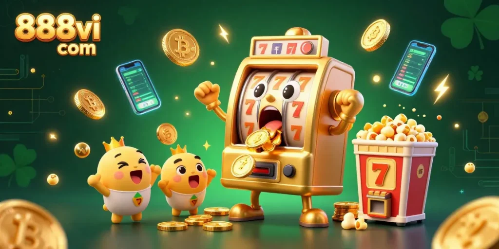 Spin to win at 888vi com as the golden slot machine celebrates its jackpot, surrounded by coins and excitement.
